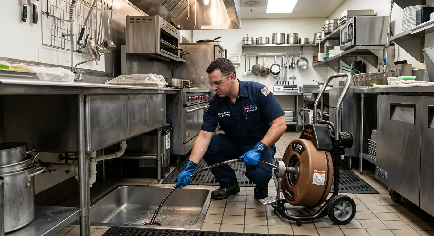 Commercial drain cleaning service in a restaurant kitchen in Galena Park