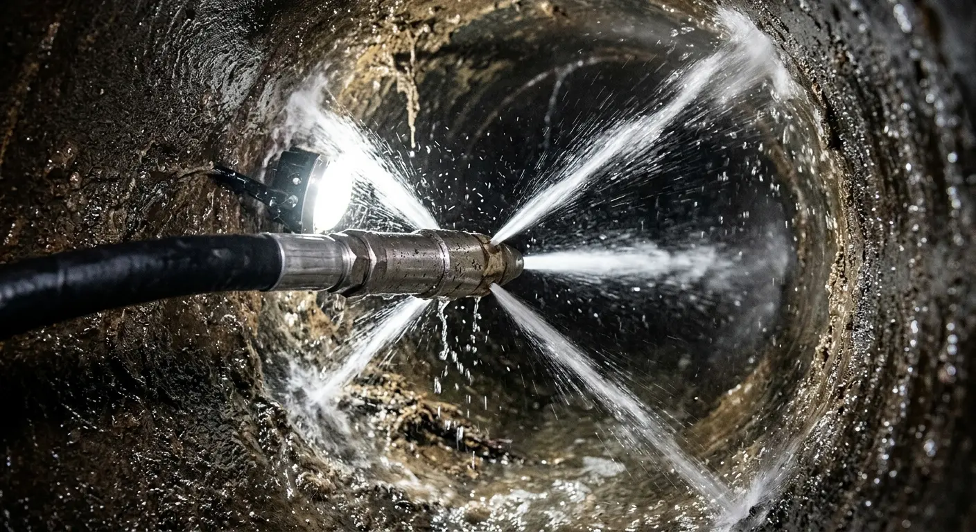 High-pressure hydro jetting nozzle cleaning sewer pipe for Sewer Cleanout in Galena Park