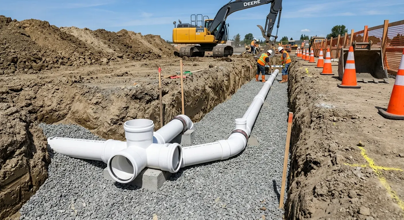 New PVC sewer pipe installation in open trench for Sewer Backup in Galena Park