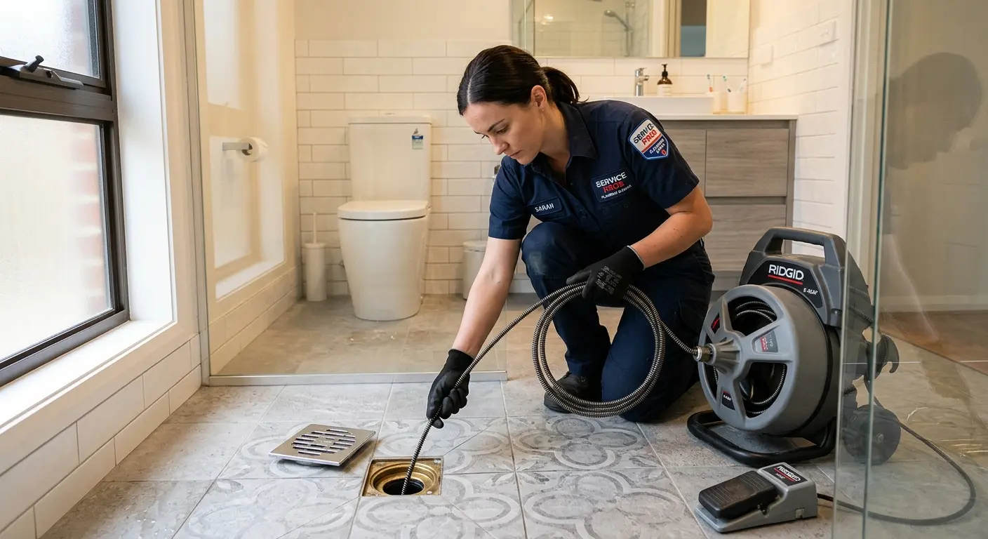Technician clearing a bathroom floor drain for Drain Repair in Galena Park